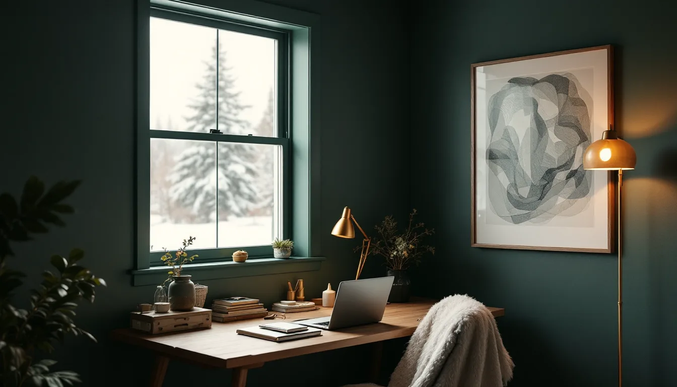 A quiet two-person studio desk beside a tall window with soft Alaskan daylight
