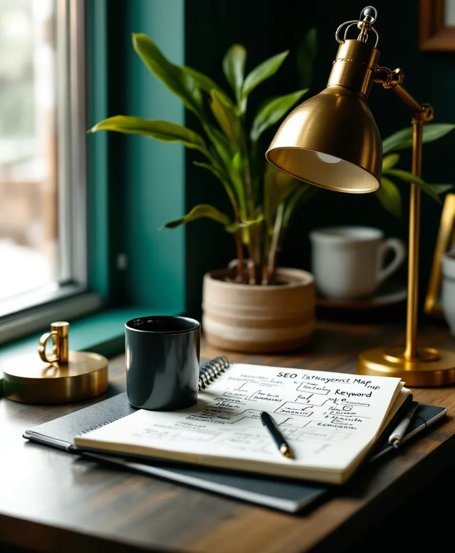 A notebook with a hand-drawn keyword map beside a warm desk lamp
