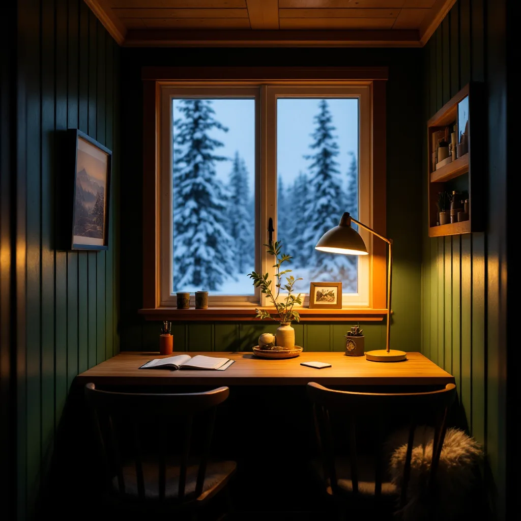 A shared desk lit by a warm lamp at dusk, evergreen walls, snow outside the window